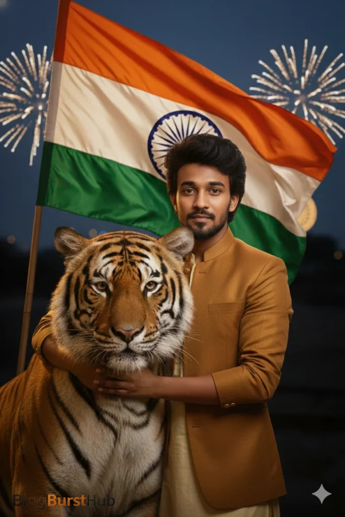 Indian Republic Day AI image of a man with a tiger and Indian flag during celebration
