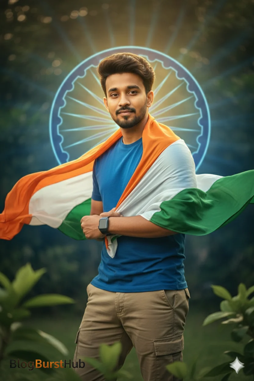 Indian Republic Day AI image of a man wrapped in the tricolor with Ashoka Chakra background