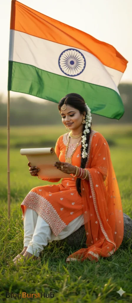 Indian Republic Day photo prompt of a woman sitting peacefully with the Indian flag in an open field