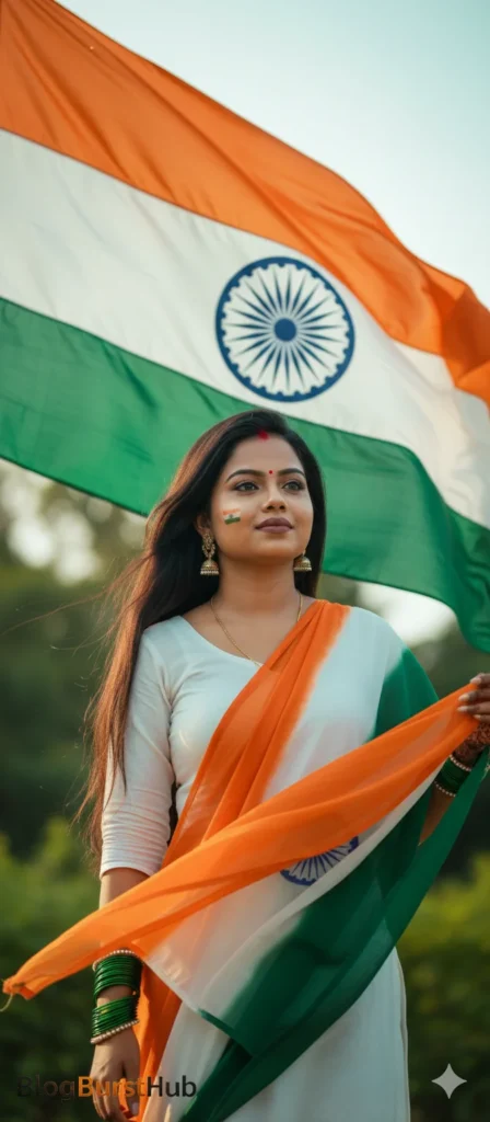 Indian Republic Day AI image of a woman in white attire holding the Indian tricolor flag outdoors