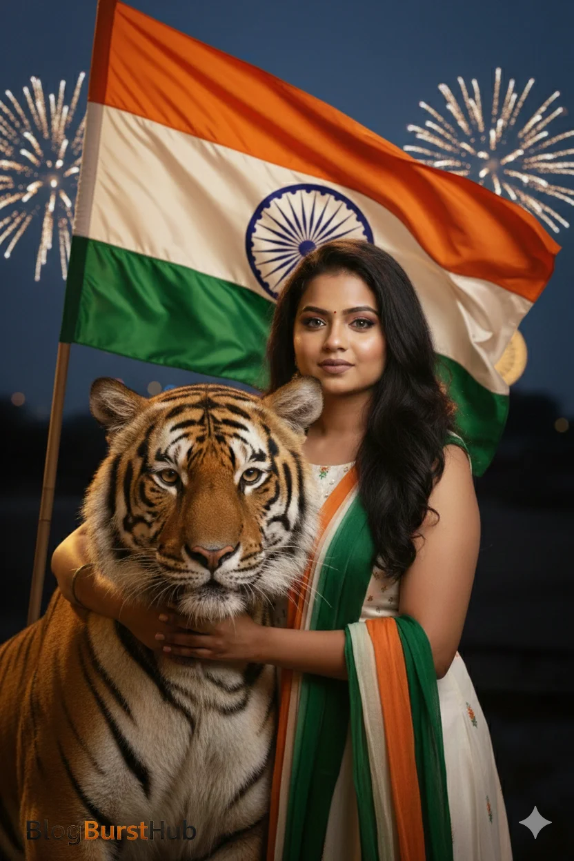 Indian Republic Day photo prompt of a woman standing with a tiger and Indian flag at night