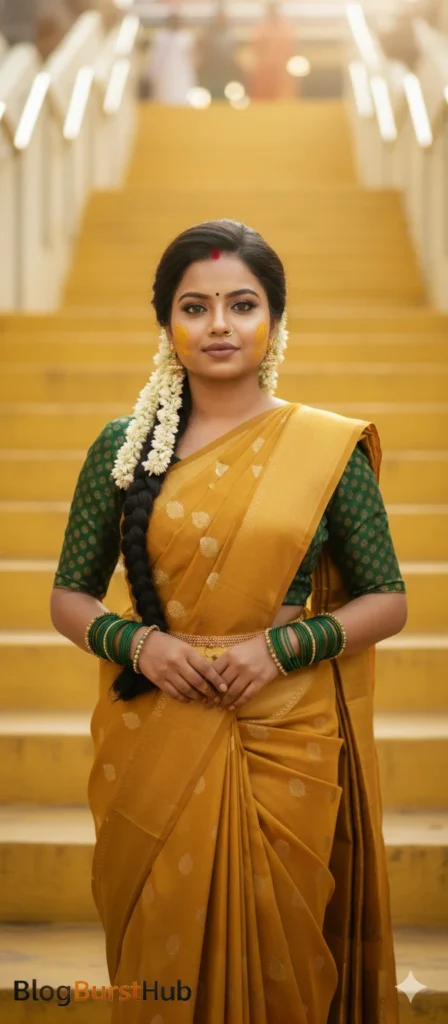 Tamil woman wearing yellow saree with turmeric applied on face during Kannum Pongal festival