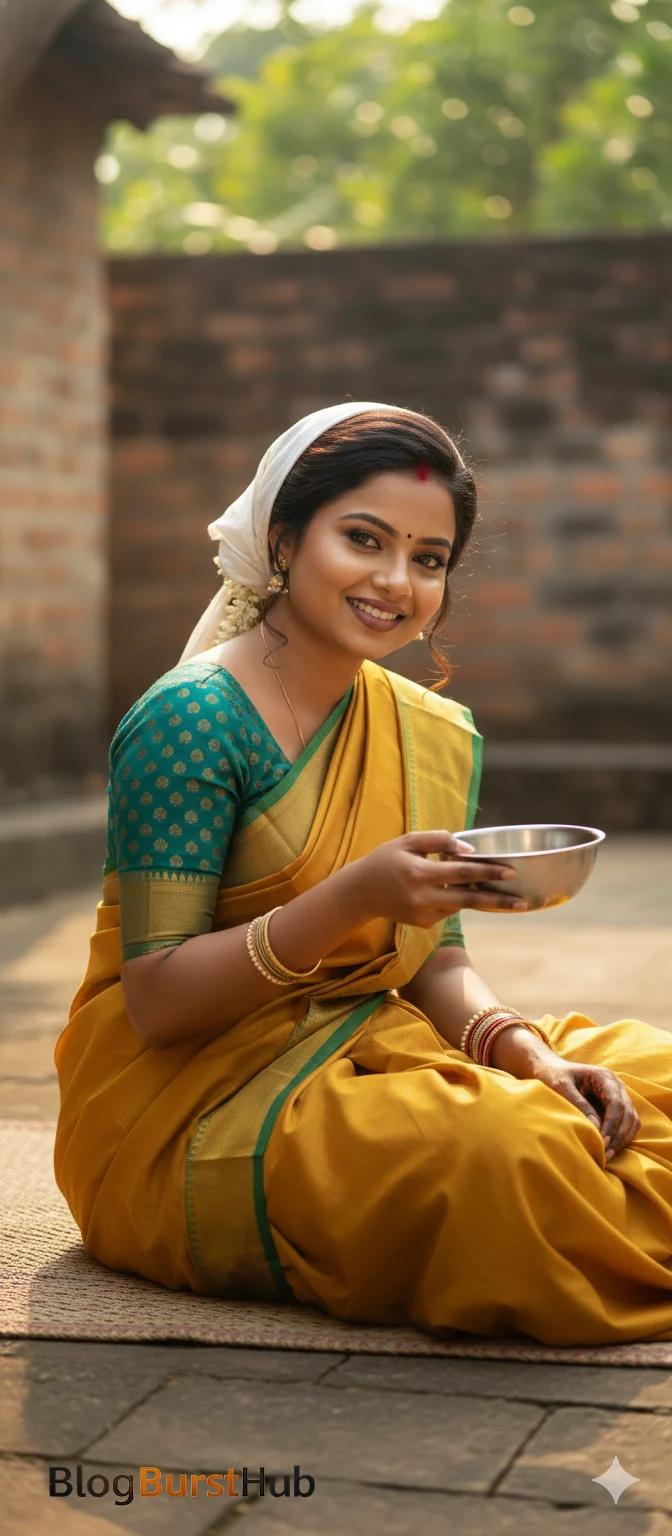 Tamil woman holding a bowl during Kannum Pongal festival morning in a traditional village courtyard