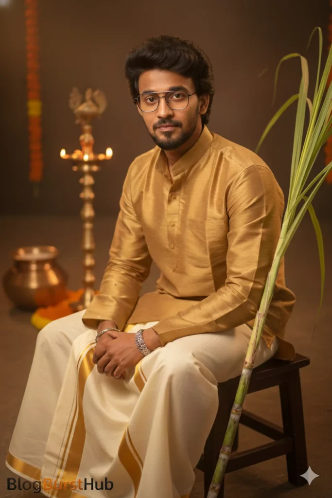 Tamil man holding sugarcane during indoor Kannum Pongal themed photoshoot