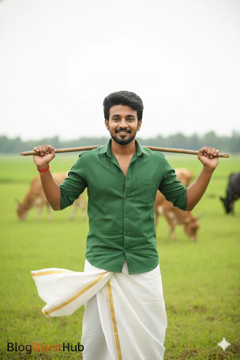 Tamil man wearing traditional veshti standing in a green paddy field during Kannum Pongal festival