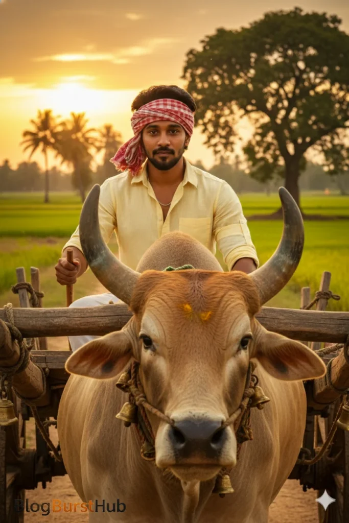 Tamil man riding a bullock cart during Kannum Pongal festival at sunset in village fields