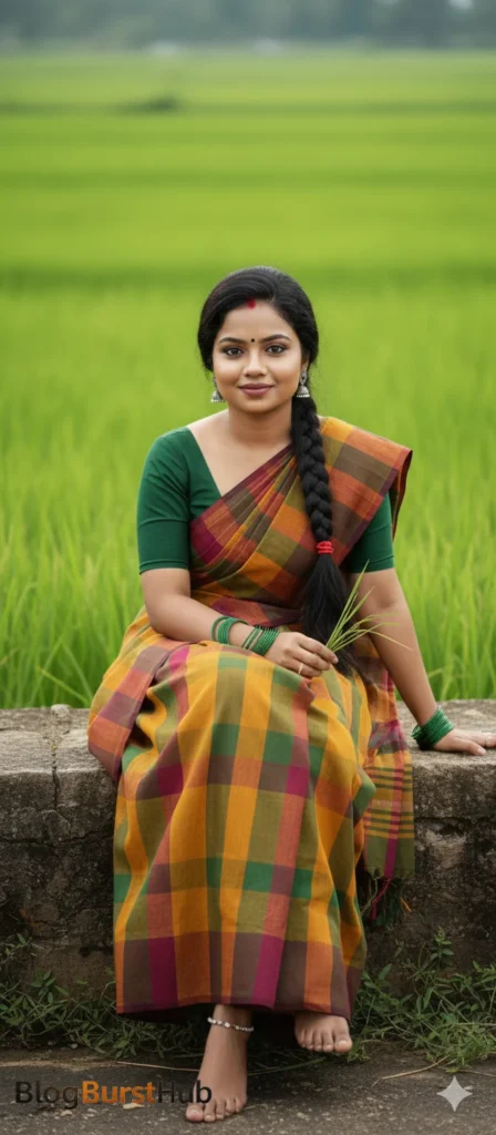 Tamil woman in traditional saree sitting near a green paddy field during Kannum Pongal festival