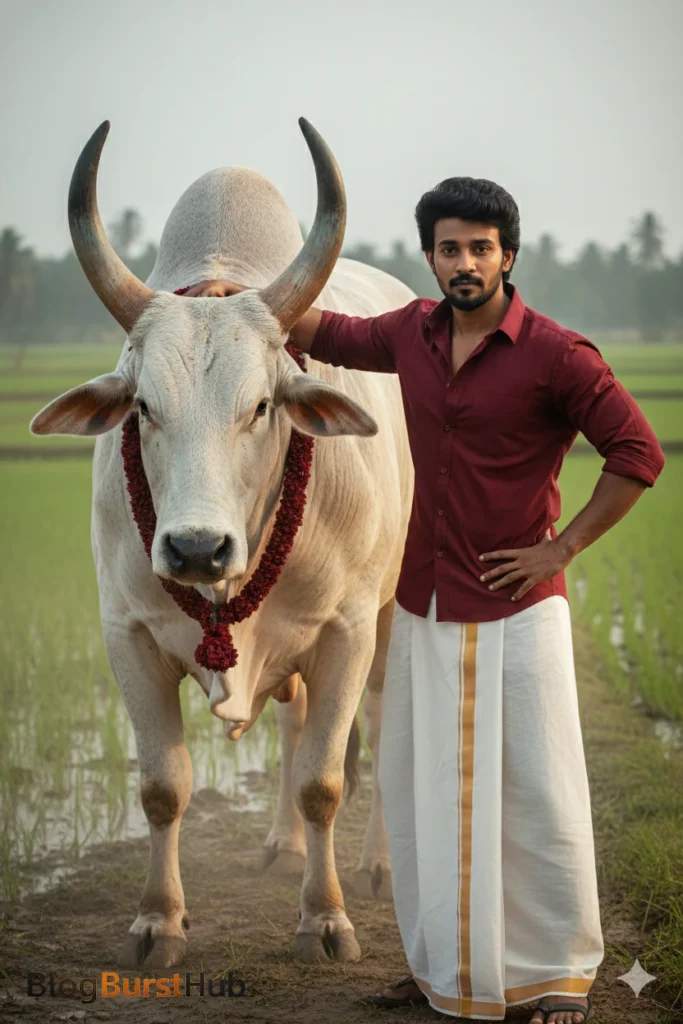 Tamil man standing beside a white bull during Kannum Pongal festival in a rural paddy field