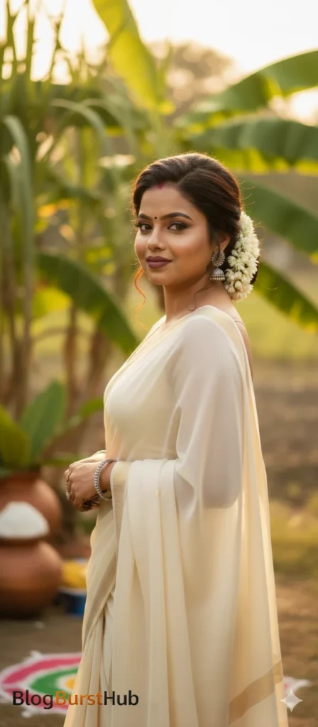 Tamil woman wearing a white saree during Kannum Pongal festival in a traditional village setting with banana trees