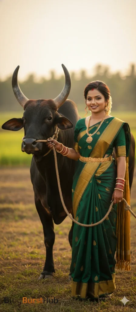 Tamil woman in green saree holding a decorated bull during Kannum Pongal cattle festival