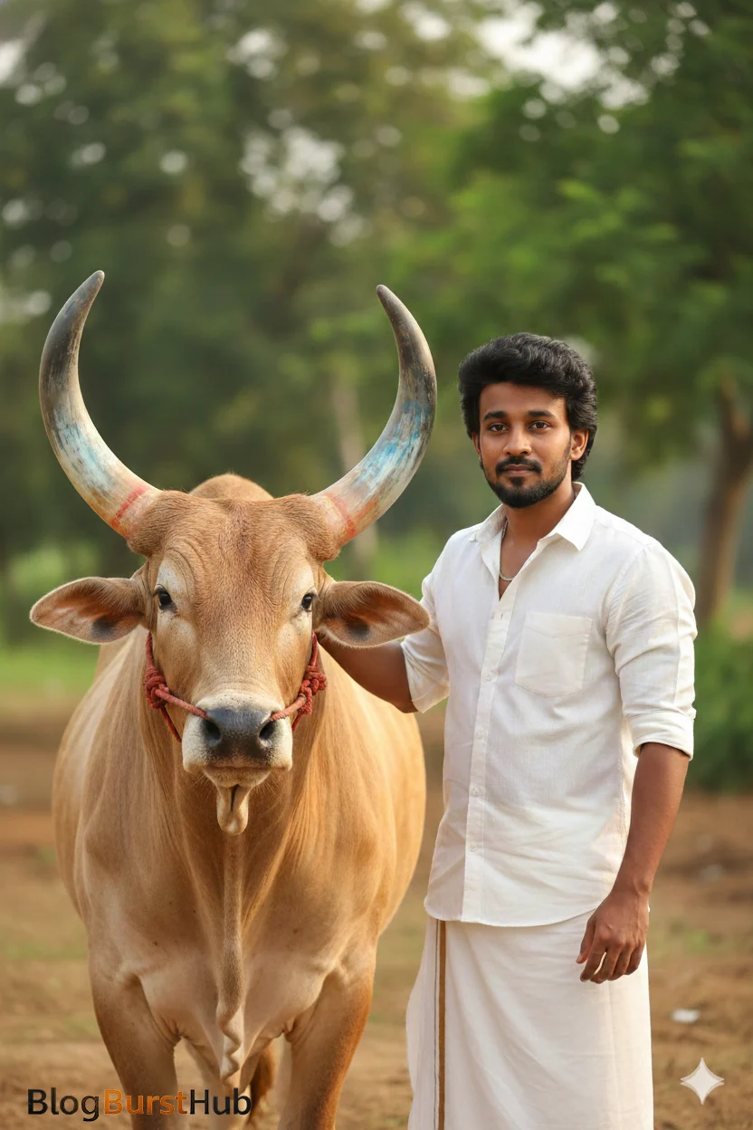 Tamil farmer standing beside a decorated bull in rural village