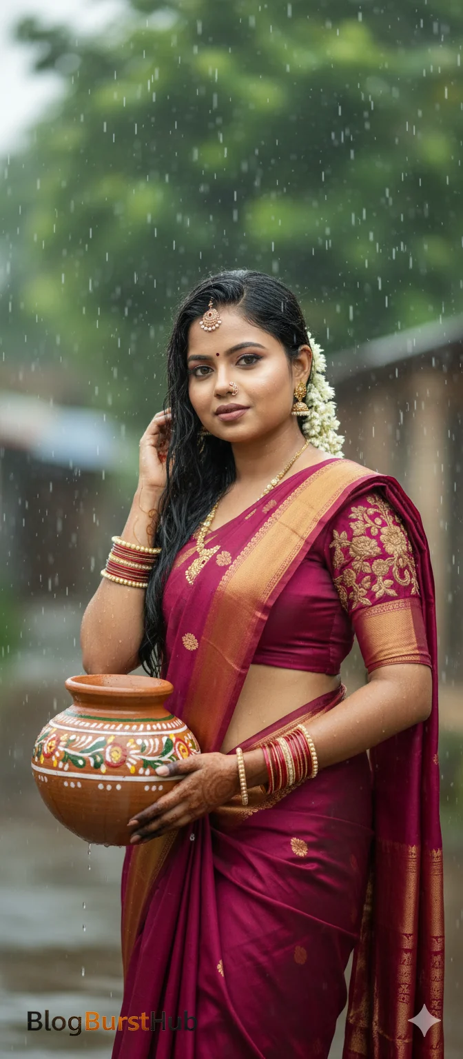 Tamil woman holding a decorated mud pot during Pongal festival