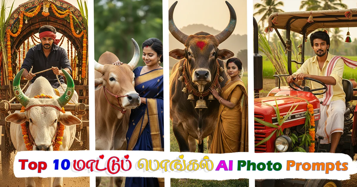 Mattu Pongal AI Photo Prompt – Traditional Tamil Harvest Festival with Decorated Cows