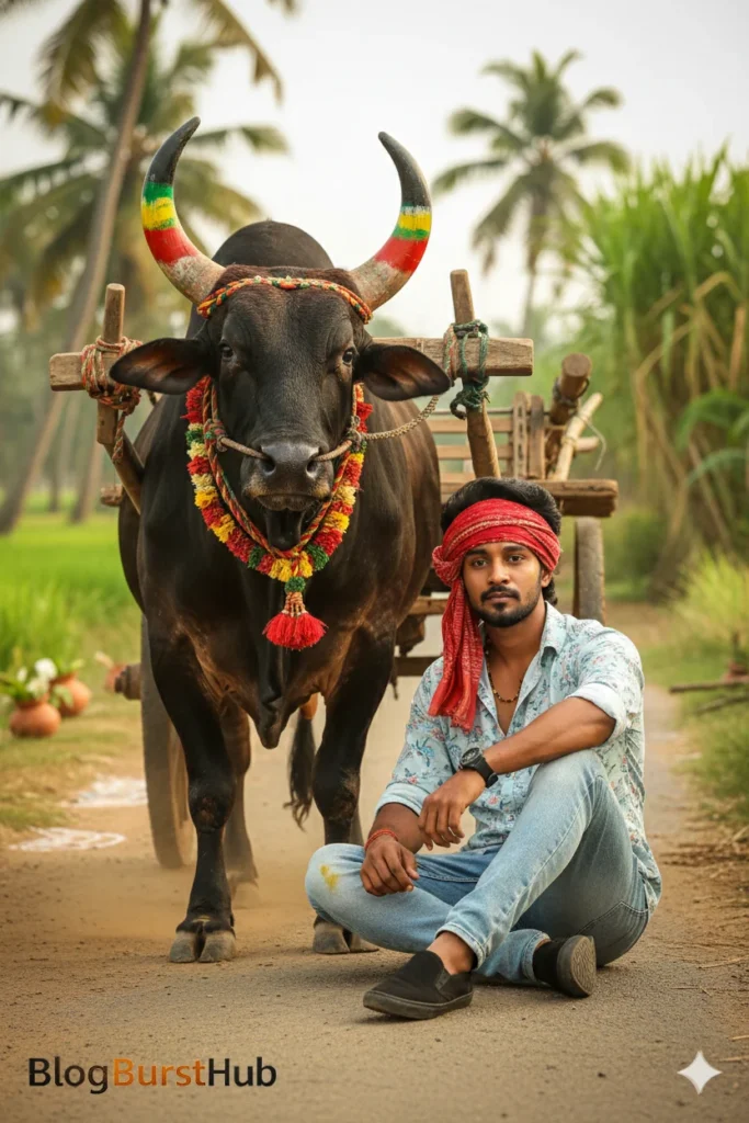 Mattu Pongal Festival 2026 village portrait with decorated bull and bullock cart