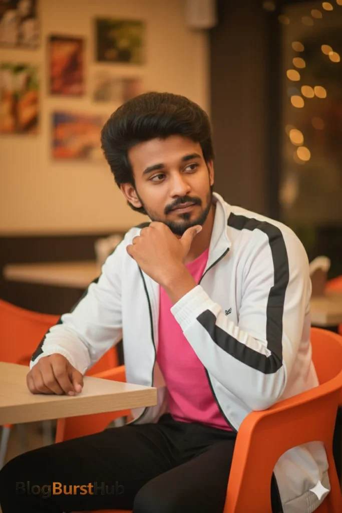 AI-generated portrait of a man sitting in a café wearing casual clothing and warm indoor lighting
