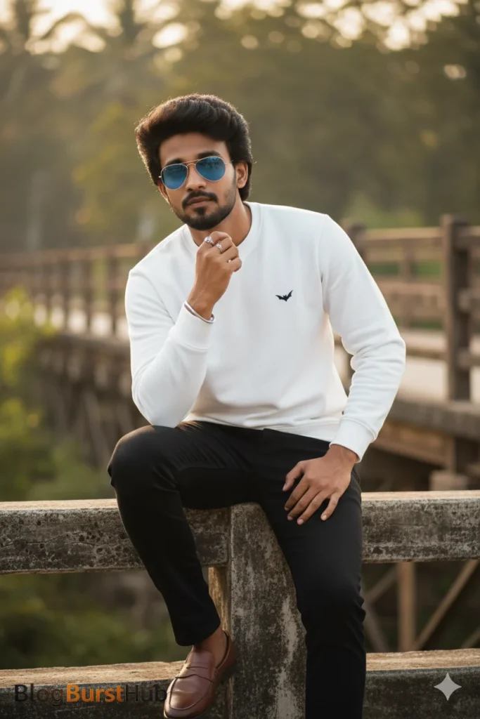 AI-generated casual outdoor portrait of a man sitting on a bridge wearing sunglasses and modern clothing