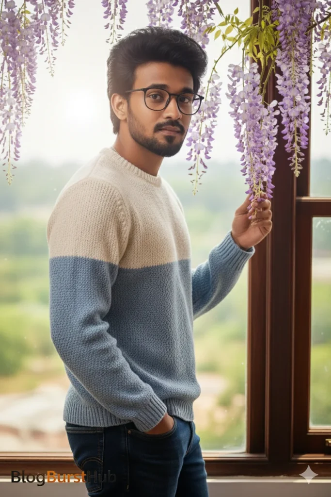 AI-generated portrait of a man standing near a window with hanging flowers and soft natural light