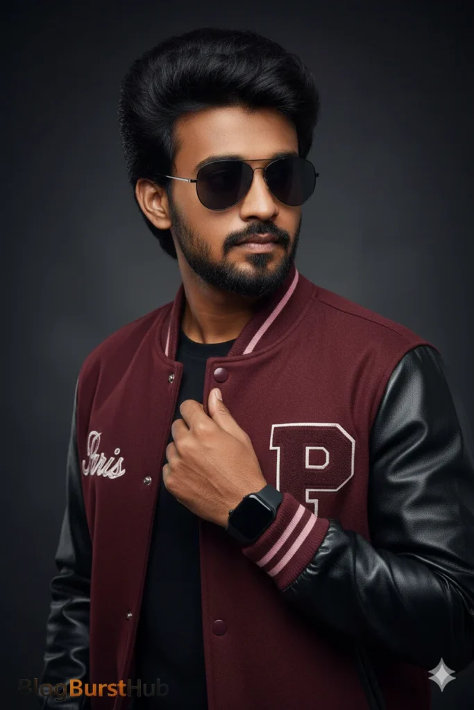 Cinematic AI portrait of a man wearing a maroon jacket and sunglasses on a dark background
