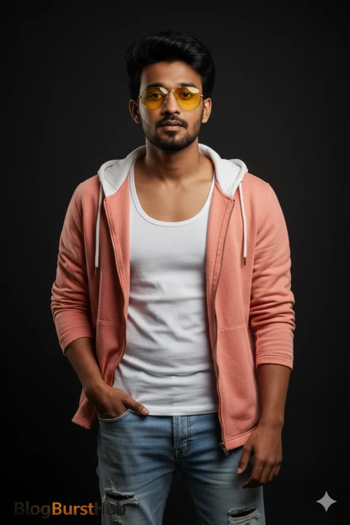Hyper-realistic AI portrait of a man wearing a peach hoodie and yellow sunglasses on a dark studio background