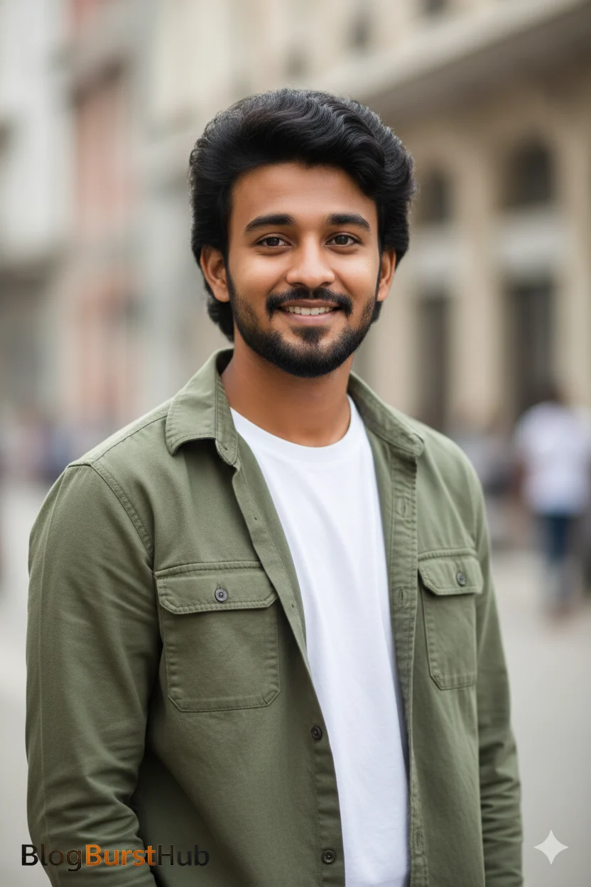 AI-generated street portrait of a smiling man wearing casual clothing in an urban environment