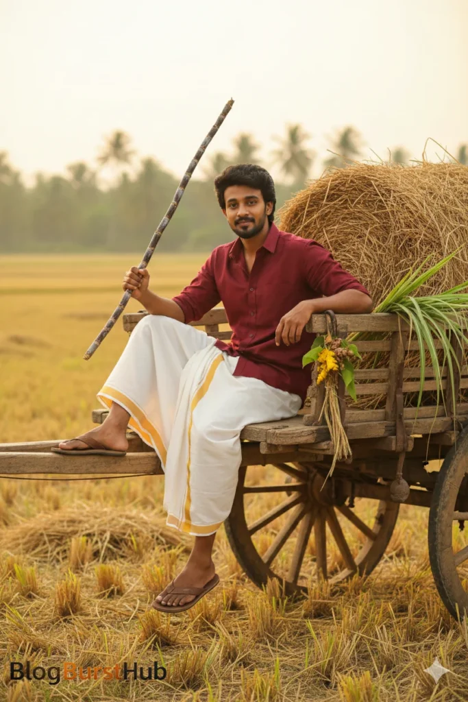 Tamil man sitting on a bullock cart holding sugarcane during Pongal festival