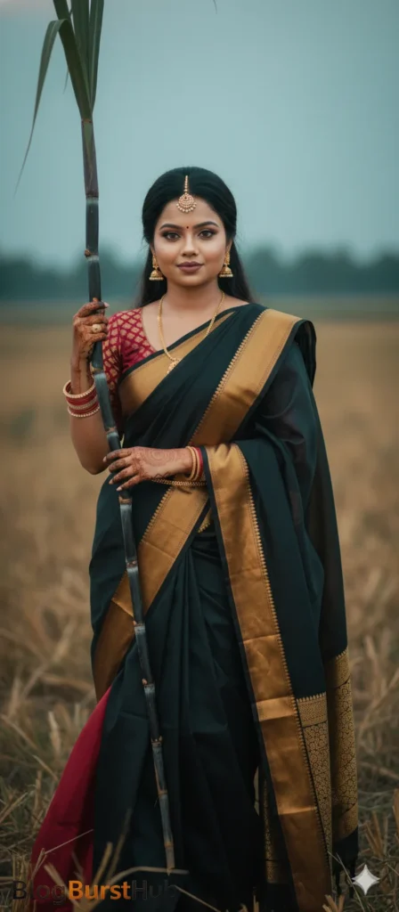 Tamil woman in traditional saree holding sugarcane stick during Pongal festival