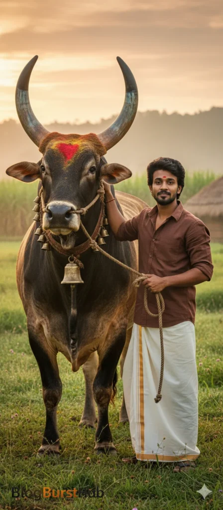 Tamil farmer standing beside a decorated bull during Mattu Pongal festival in a rural village