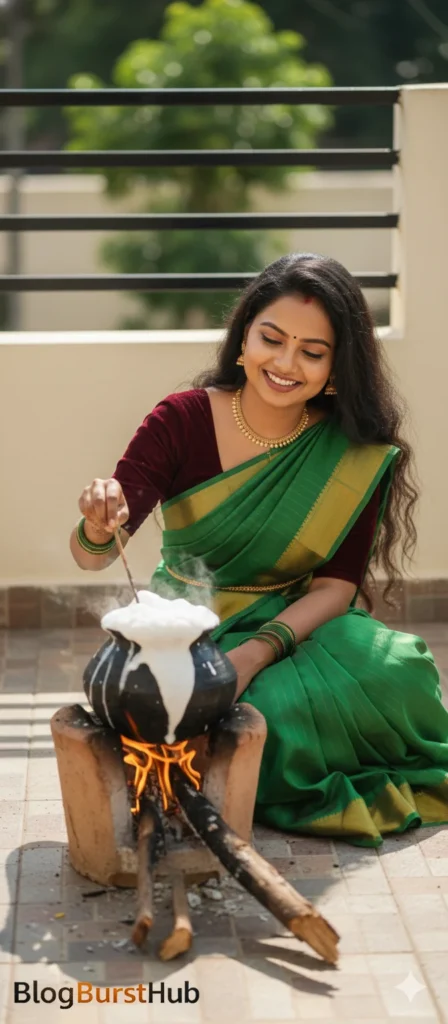 Traditional Pongal pot boiling over with rice during Tamil harvest festival