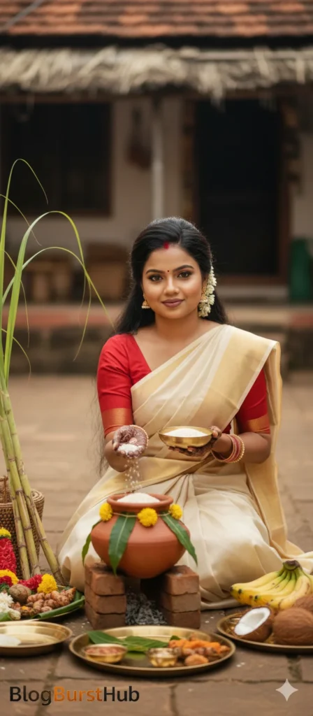 Tamil woman offering rice and Pongal in a traditional outdoor festival setup