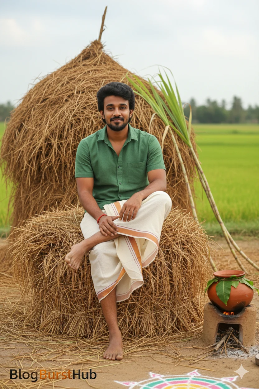 Tamil man sitting on a haystack during Pongal festival in a rural village
