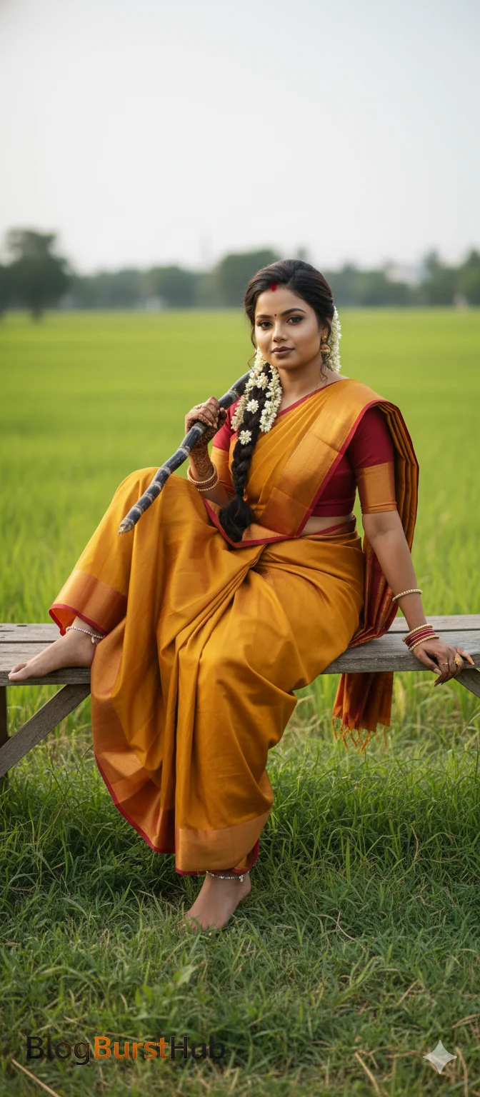 Tamil woman sitting in a field holding sugarcane during Pongal festival