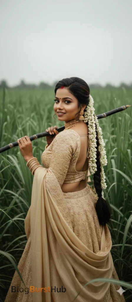 Tamil woman standing in a sugarcane field holding a sugarcane stick during Pongal festival