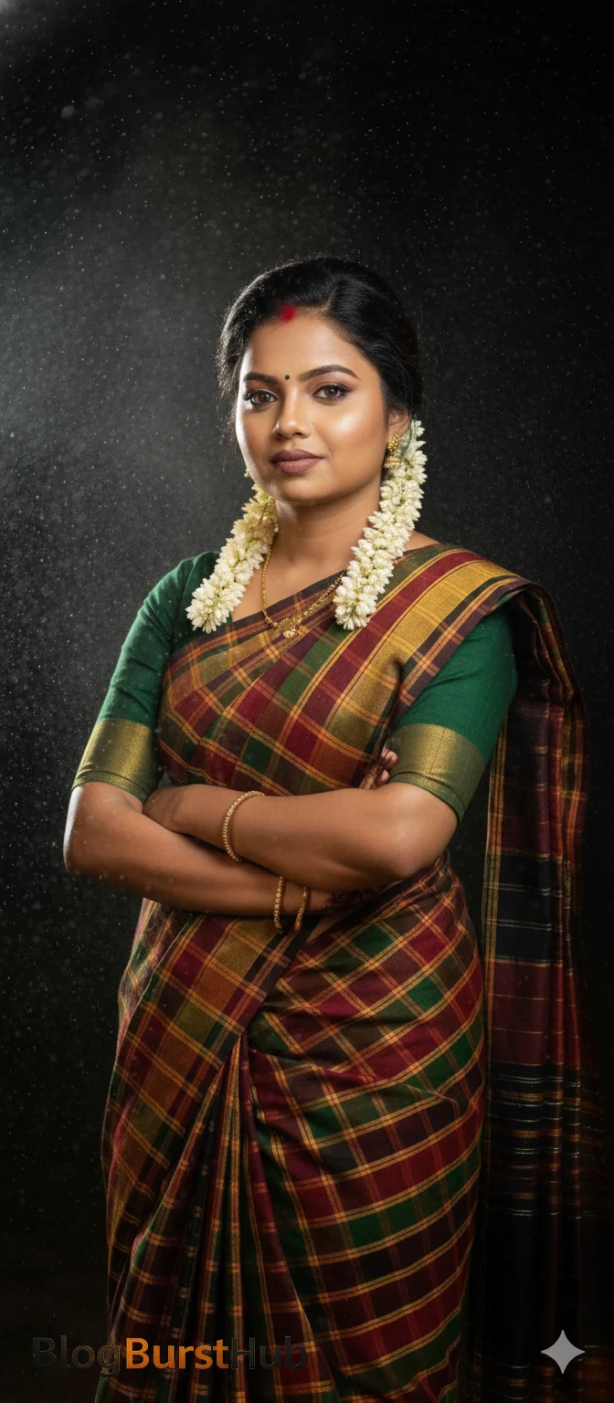 Woman in traditional Pongal saree posing indoors with classic South Indian look