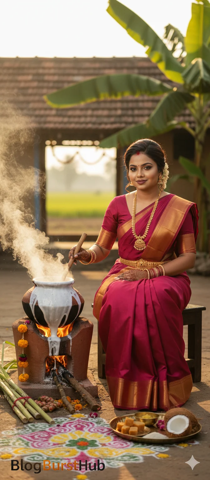 Woman preparing Pongal in clay pot with kolam and festive decorations