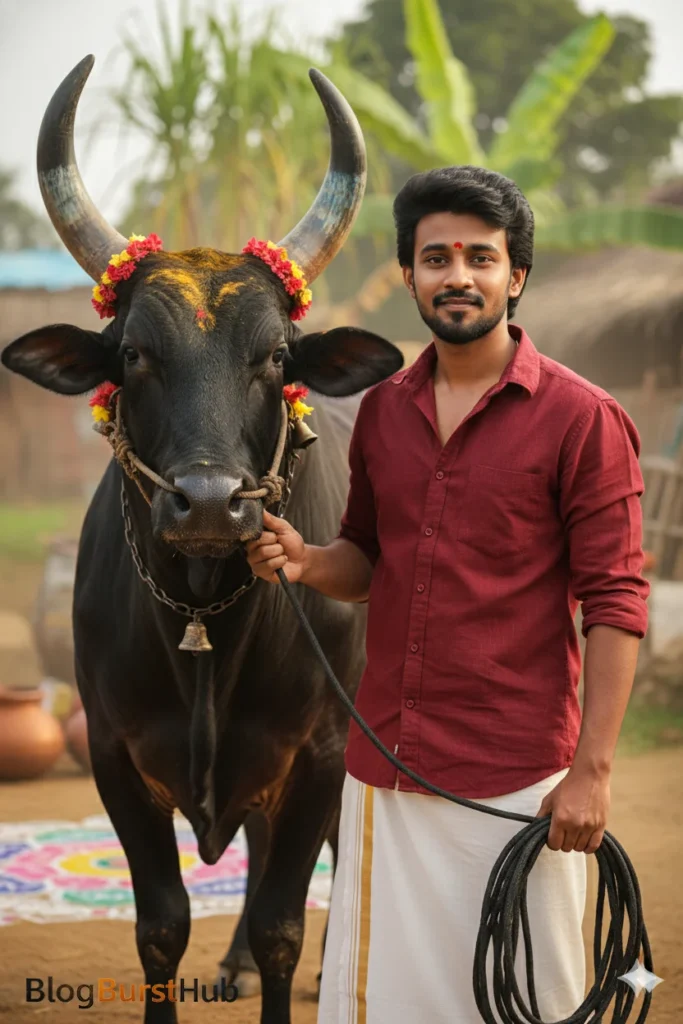 Mattu Pongal celebration featuring a decorated bull and a man in traditional veshti standing in a village environment.