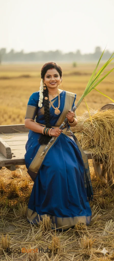 Pongal celebration scene featuring a decorated bullock under sugarcane arch with traditional Pongal setup.