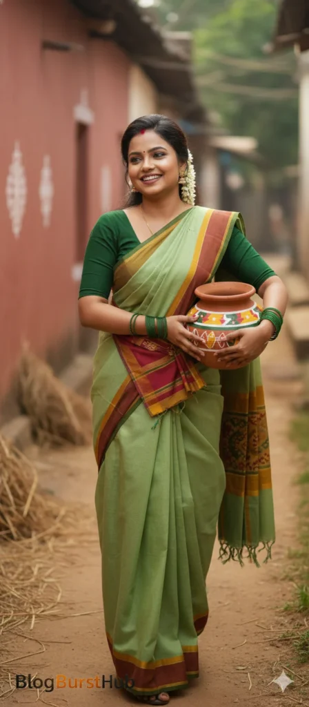 South Indian woman carrying a decorated Pongal pot during village Pongal celebration.
