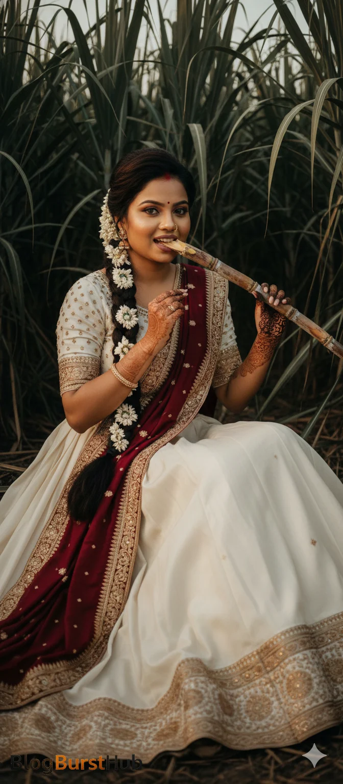 Traditional Pongal photoshoot of a woman eating sugarcane while sitting in lush sugarcane fields.