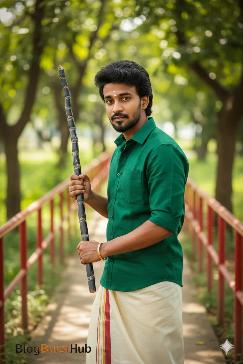 Traditional Pongal portrait of a South Indian man wearing green shirt and veshti, holding a sugarcane stick in a natural outdoor village setting.