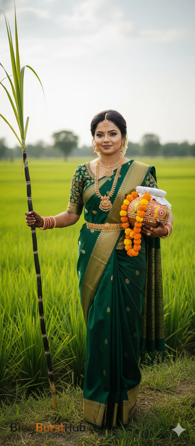 Traditional Pongal photoshoot of a South Indian woman in green silk saree holding a decorated Pongal clay pot and sugarcane in lush paddy fields.