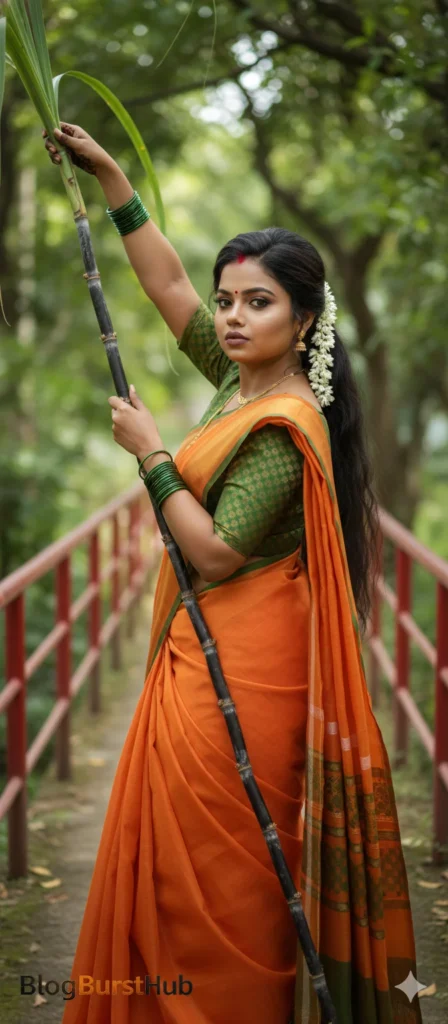South Indian woman in traditional saree holding sugarcane during Pongal photoshoot in a natural outdoor setting.