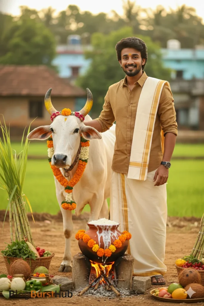 Traditional Pongal portrait of a man standing with a decorated cow in a rural farming background.