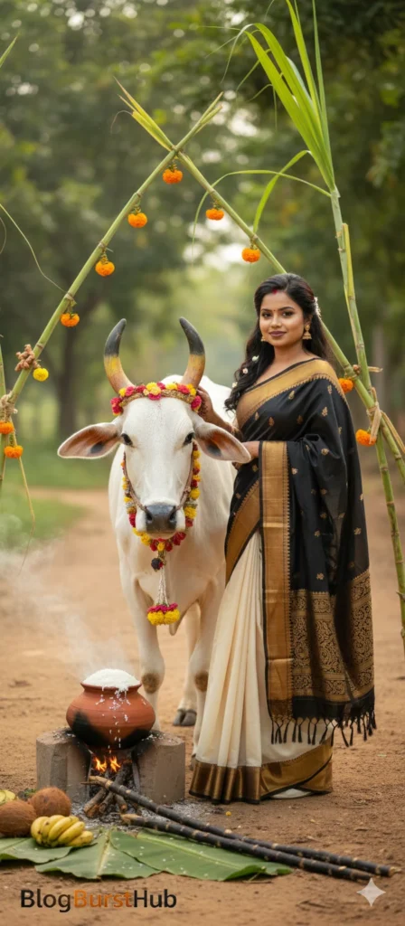 Traditional Pongal cooking scene with clay pot boiling over and decorated cow standing beside it.