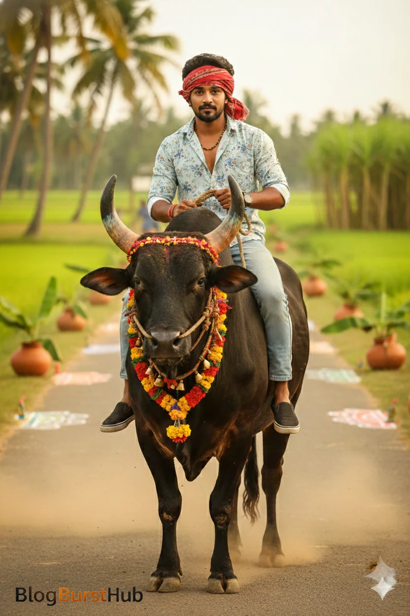 Rural Pongal festival scene showing a man riding a decorated bull on a village road.