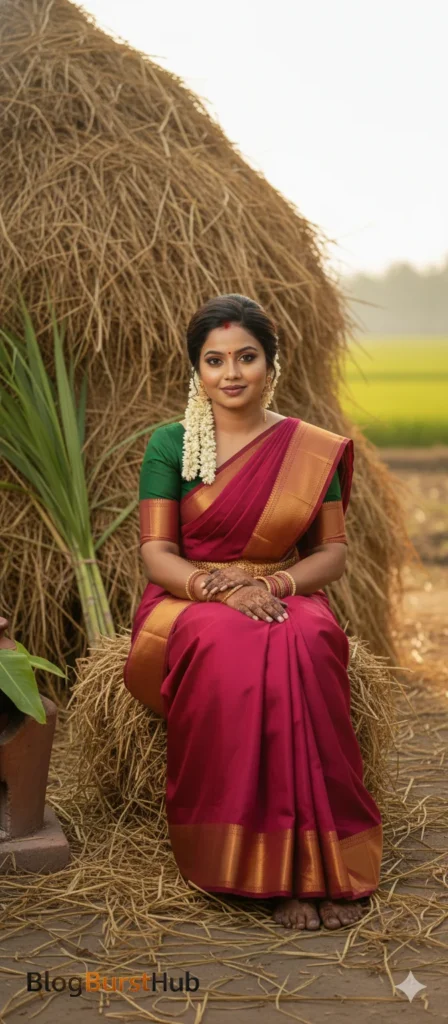 Traditional Pongal portrait of a woman sitting on a haystack wearing silk saree in a rural village setting.