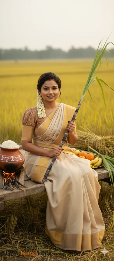 Traditional Pongal photoshoot of a South Indian woman sitting outdoors in a paddy field holding sugarcane and Pongal pot.