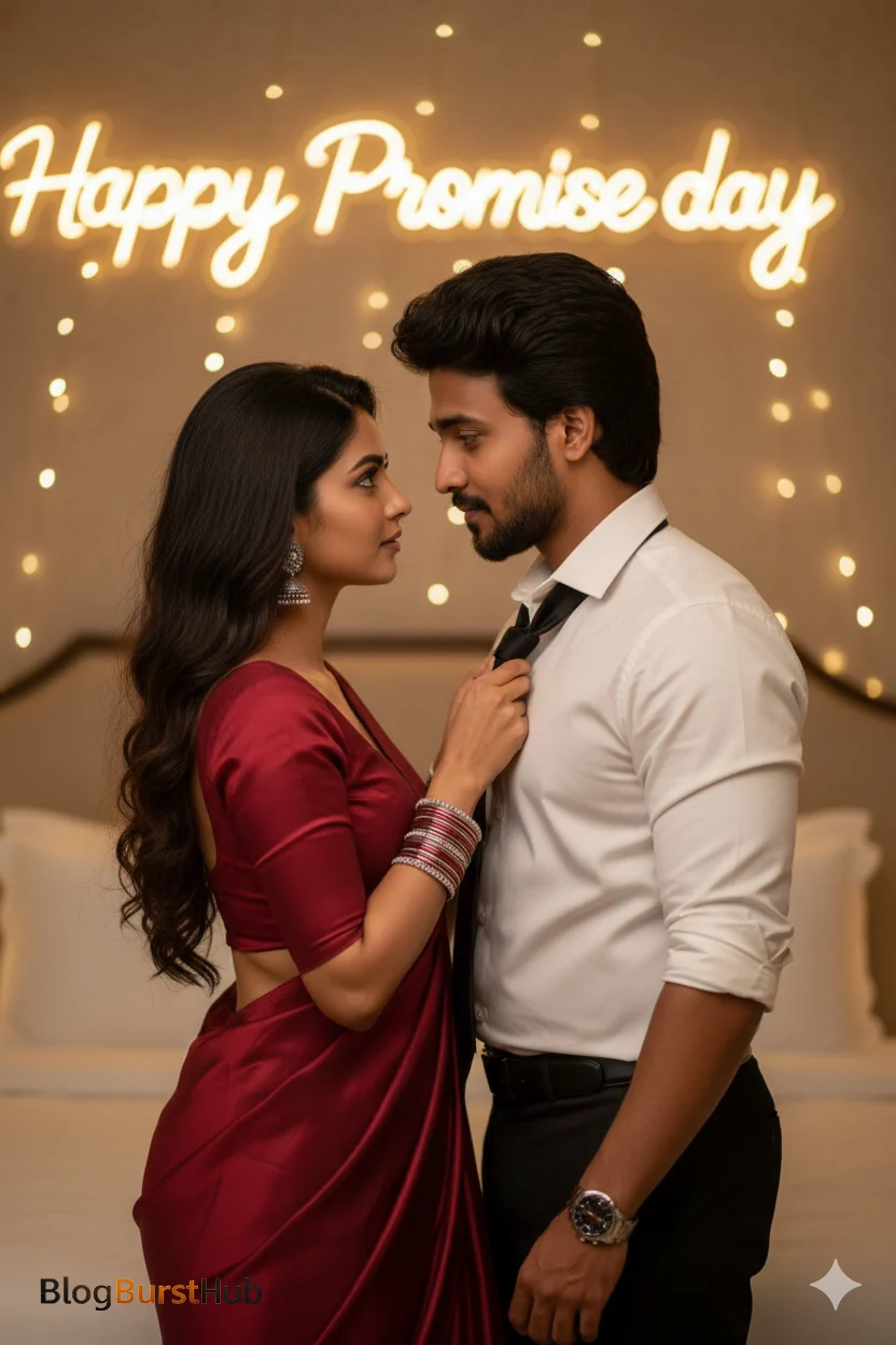 Romantic couple celebrating Promise Day in a cozy bedroom setting