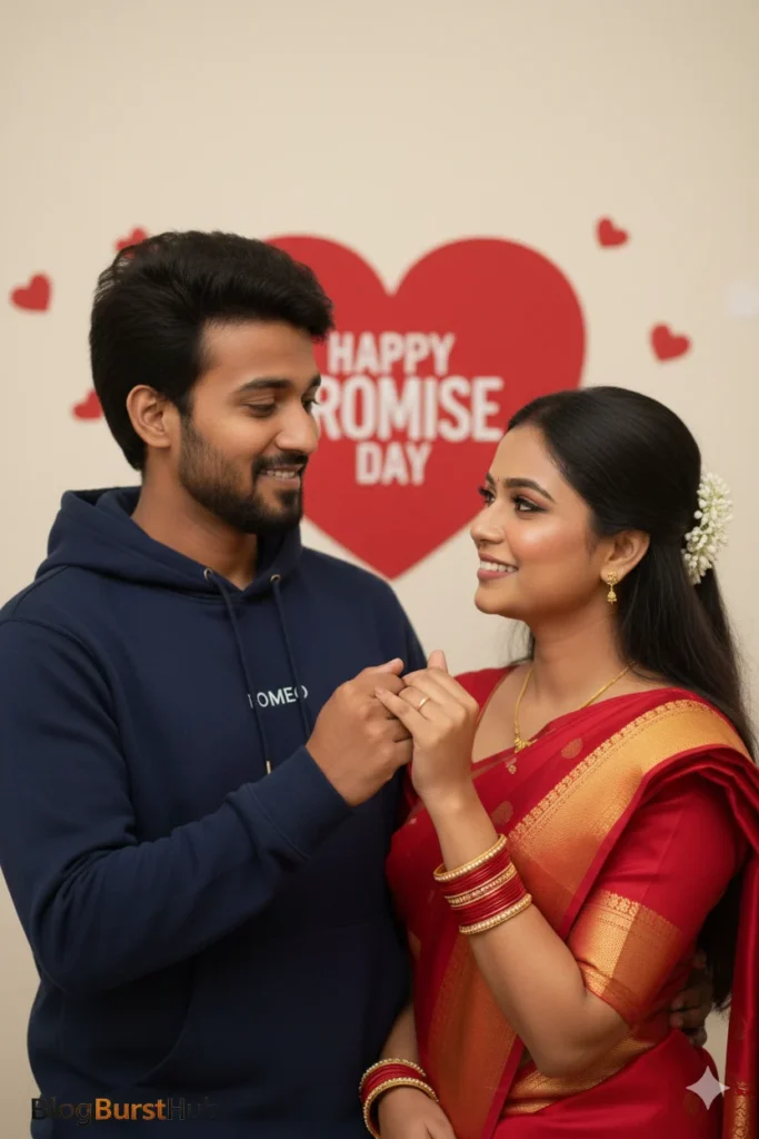 Promise Day couple holding hands with red heart background symbolizing love