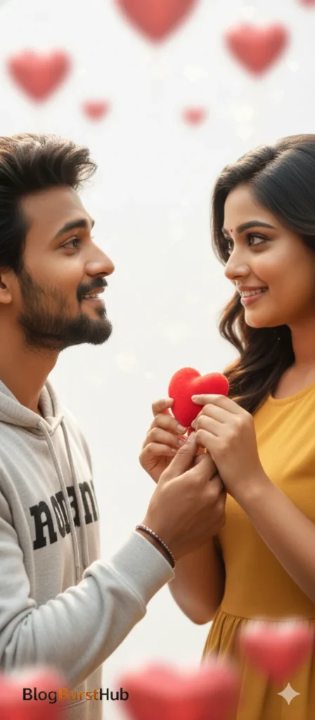 Close-up of couple holding red heart and smiling at each other