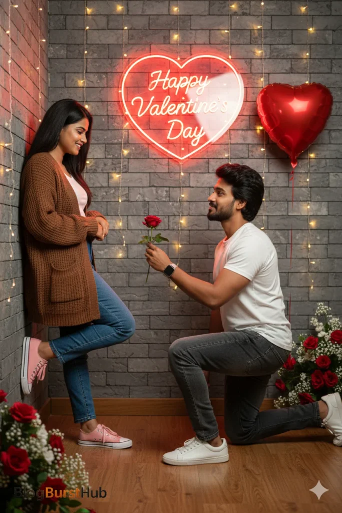 Man proposing indoors with rose under Happy Valentine’s Day neon heart sign